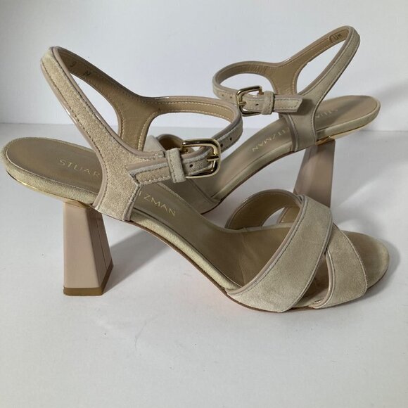 Womens Stuart Weitzman Suede Tan Gold Heeled Sandals 9N - Picture 1 of 10